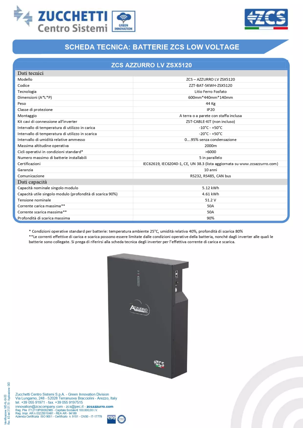 AZZURRO LV ZSX5120 Specifiche tecniche batteria al litio LV al litio ZCS per impianti fotovoltaici con sistemi di accumulo