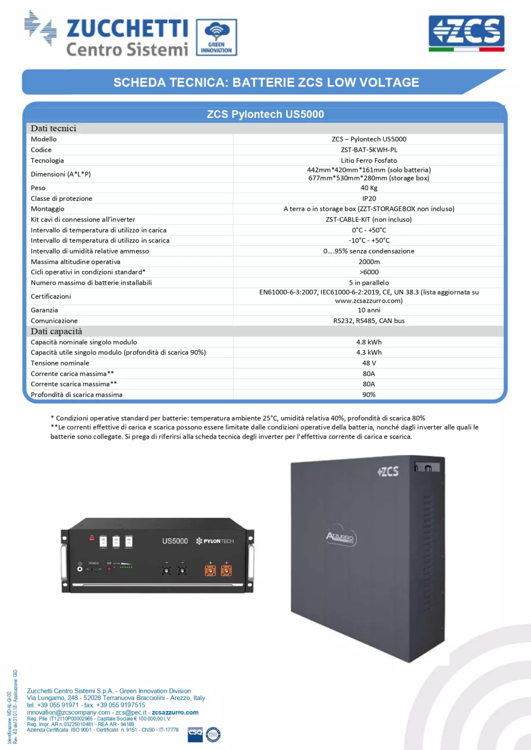 Pylontech US5000 Specifiche tecniche batteria LV al litio ZCS per impianti fotovoltaici con sistemi di accumulo