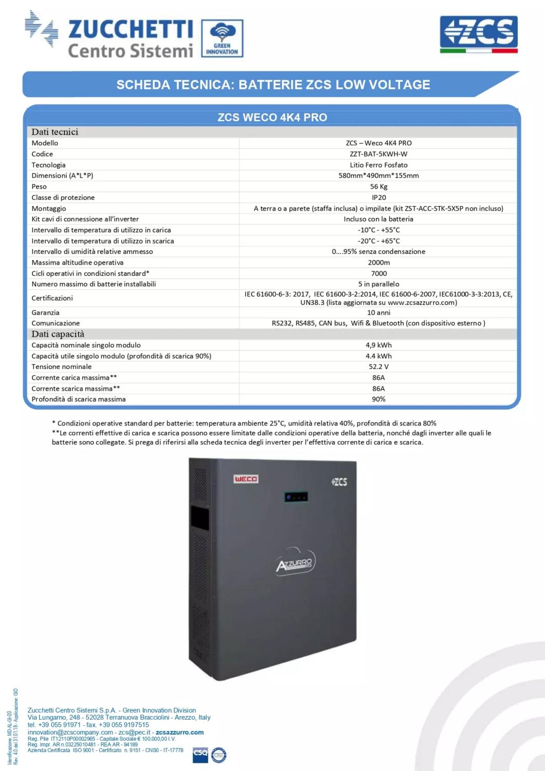 WECO 4k4 PRO Specifiche tecniche batteria LV al litio ZCS per impianti fotovoltaici con sistemi di accumulo