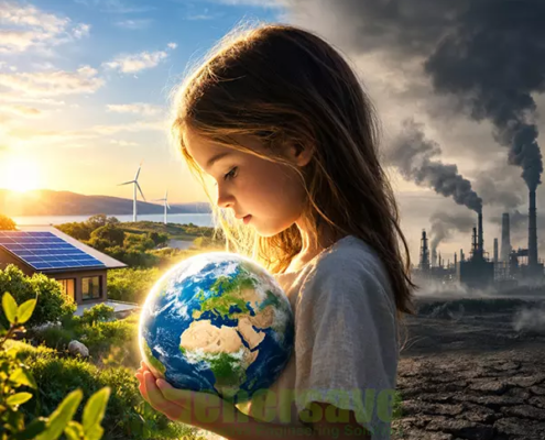 Bambina che osserva la Terra tra due scenari contrapposti: da un lato un paesaggio verde alimentato da energia solare ed eolica, dall'altro un ambiente industriale degradato e avvolto dal fumo. L'immagine rappresenta il contrasto tra un futuro sostenibile basato sulle fonti rinnovabili e uno segnato dall'inquinamento e invita a riflettere sulle scelte che determineranno il futuro del nostro pianeta.