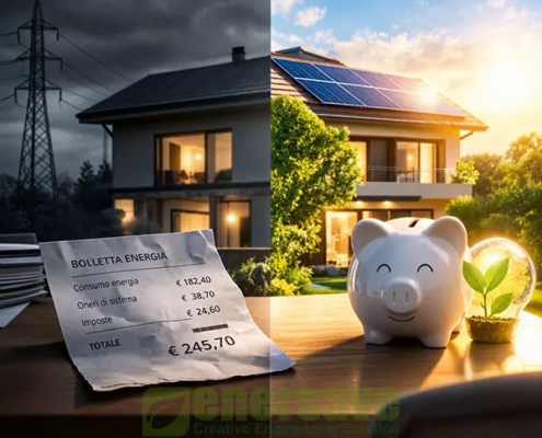 Immagine concettuale sul risparmio energetico e sul fotovoltaico: una casa con una bolletta dell'energia elevata rappresenta il costo dell'elettricità acquistata dalla rete, mentre una casa dotata di pannelli fotovoltaici, illuminata dal sole, rappresenta la produzione di energia solare e la possibilità di ridurre i costi in bolletta attraverso l'autoconsumo.