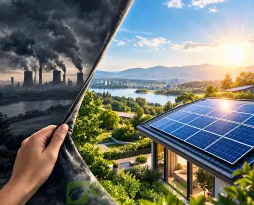 Mano che apre un sipario mostrando il contrasto tra un paesaggio industriale inquinato e un futuro sostenibile con natura, città, sole e impianto fotovoltaico sul tetto di una casa. Immagine simbolica della transizione energetica e della scelta delle energie rinnovabili per ridurre l'impatto ambientale.